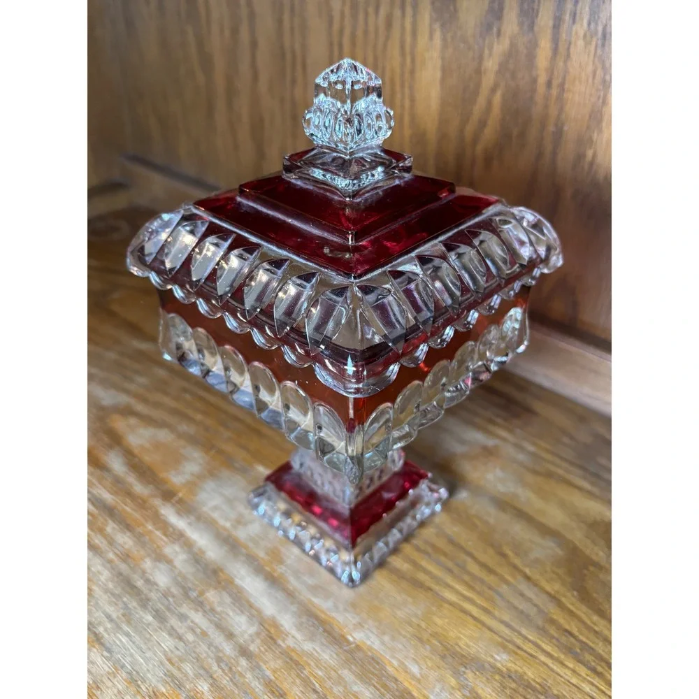 Vintage Smith Glass Ruby Red Clear Pedestal Candy Dish Lid Square Compote